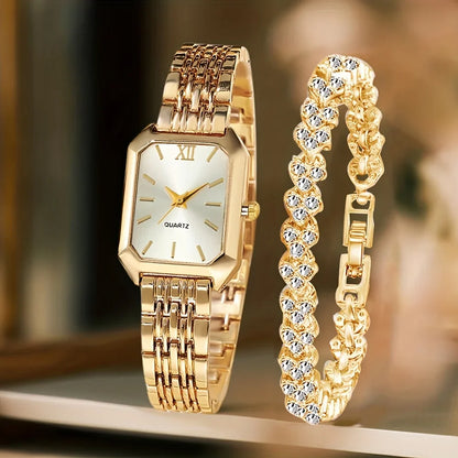 2PCS/Set Fashion Rectangle Women Quartz Watch Ladies Roma Dial Wristwatches Rhinestone Bracelet Set Reloj Mujer Girls Clock Gift