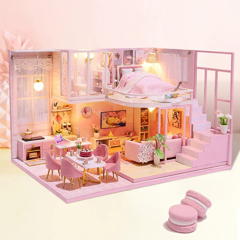 DIY Wooden Doll House Handmade Duplex Apartment Production 3D Puzzle Assembly Building Duplex Apartment Model Toy Children Gifts