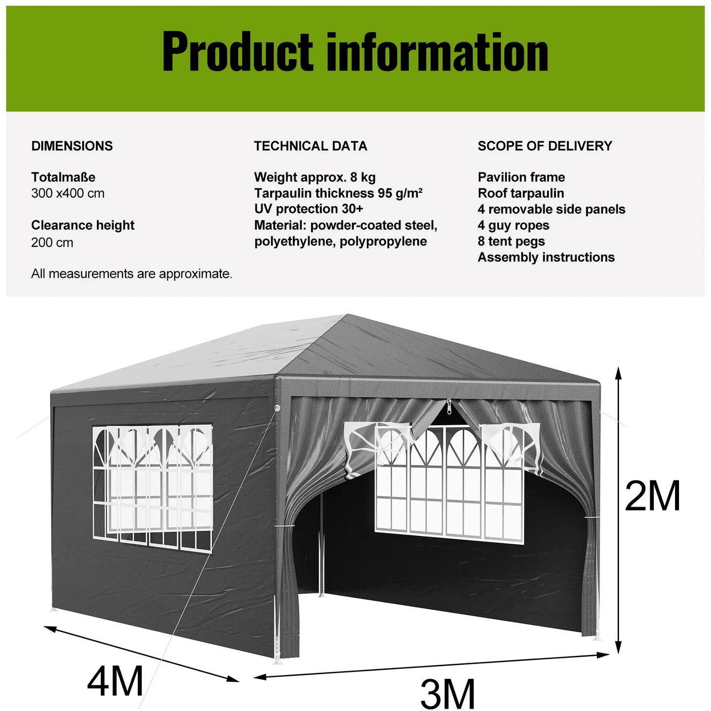 LOEFME 3x4M 3x3M Gazebo Canopy Tent Waterproof Windproof UV Sun Shelter with Removable 4 Sidewalls Outdoor Garden Camping Awning
