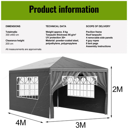 LOEFME 3x4M 3x3M Gazebo Canopy Tent Waterproof Windproof UV Sun Shelter with Removable 4 Sidewalls Outdoor Garden Camping Awning