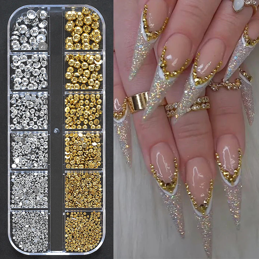 12Grid Shiny Silver Half Round Metal Caviar Bead Nail Rivets Charms 2/3/4/5/6/8mm Flatback Pearl Balls Nail Art Studs Y2k Decora