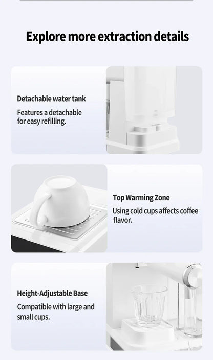 Multifunctional fancy coffee machine,Automatic milk frothing and cleaning functions,Cold/Hot Extraction ,Intelligent color scree