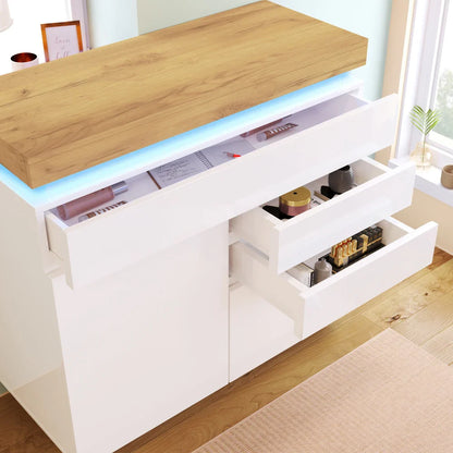 PINGGO Chest of Drawers,High-gloss Sideboard Cabinet with 2 Doors and 3 Drawers,Storage with RGB LED,115 x 110 x 39 cm, White