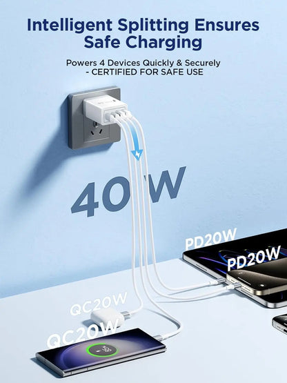 EU/UK/US/AU Wall Plug Multi-Port USB-C/USB-A Mobile Phone Charger, 40W Dual PD Fast Charging Block Adapter for iPhone, Xiaomi