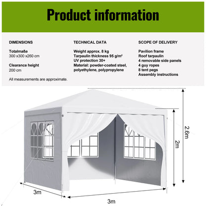 LOEFME 3x4M Enclosed Canopy Tent UV Protection Garden Gazebo Party Tent with Window Panels Zipper Door for Wedding Outdoor