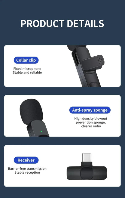 Wireless Lavalier Microphone 2.4G Mini Portable Audio Video Recording Mic for iPhone Android Live Broadcast Gaming