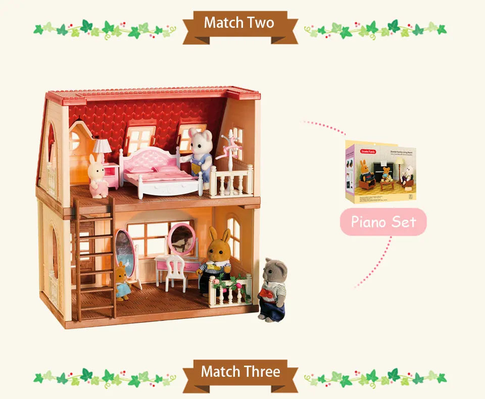 Family Dollhouse Furniture Playset Cabin Doll House DIY Cottage Pretend Play Kitchen Dollhouses Rabbit Dolls Birthdays Gifts