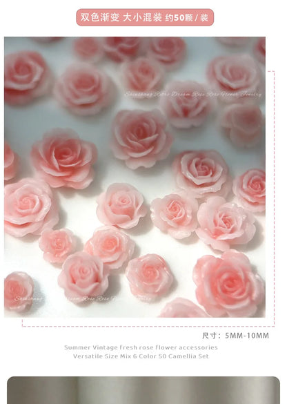 50PCS 3D Mix Sizes Beautiful Blossoming Rose Flowers Resin Adhesive Nail Art Rhinestones Decorations Manicure Kawaii Charms