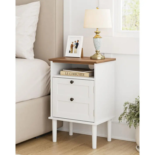 Bedside Cabinet with Door amp Open Top Shelf Side Table for Bedroom amp Living Room,Fits Small Space White 15.35x 11.42x23.5