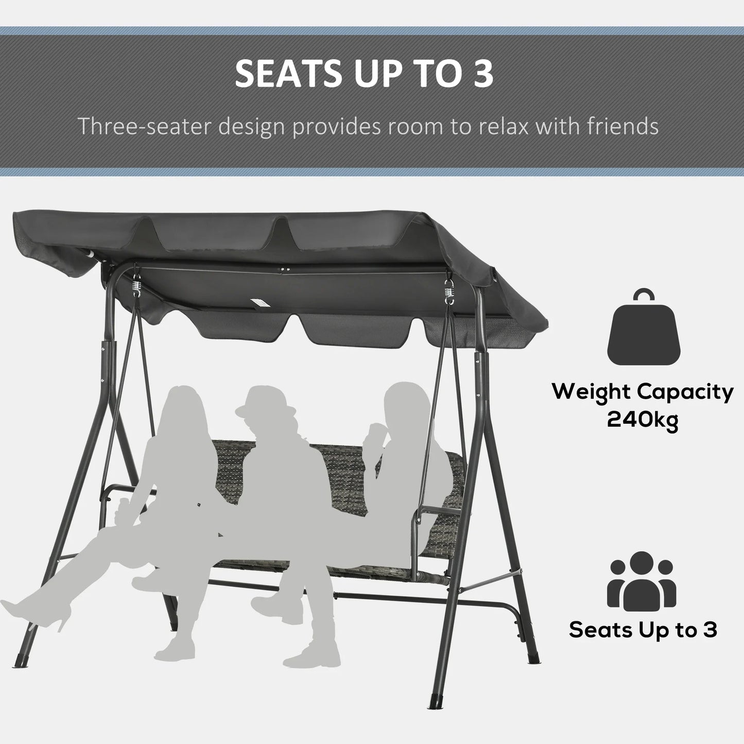 Outsunny 3-Seater Outdoor PE Rattan Swing Chair, Patio Wicker Hanging Swing Bench with Steel Frame Stand & Adjustable Canopy