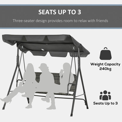 Outsunny 3-Seater Outdoor PE Rattan Swing Chair, Patio Wicker Hanging Swing Bench with Steel Frame Stand & Adjustable Canopy