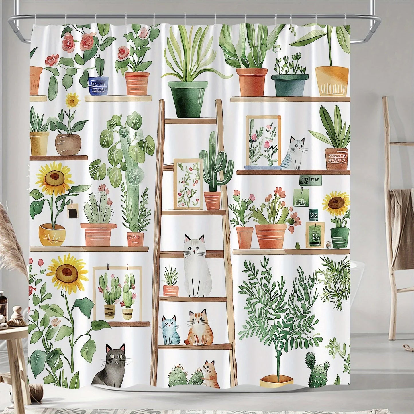 Shelf Potted Cat Shower Curtain, Green Plants & Flower Stands, Pastoral Design, Polyester, 12 Hooks