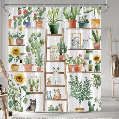 Shelf Potted Cat Shower Curtain, Green Plants & Flower Stands, Pastoral Design, Polyester, 12 Hooks