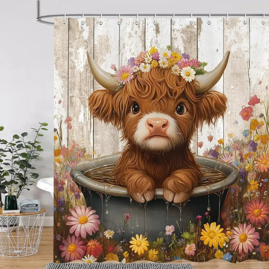 Cute Highland Cow Shower Curtain for Bathroom, Farmhouse Rustic Cow Animal Bathing in Bathtub Shower Curtains Decor Set