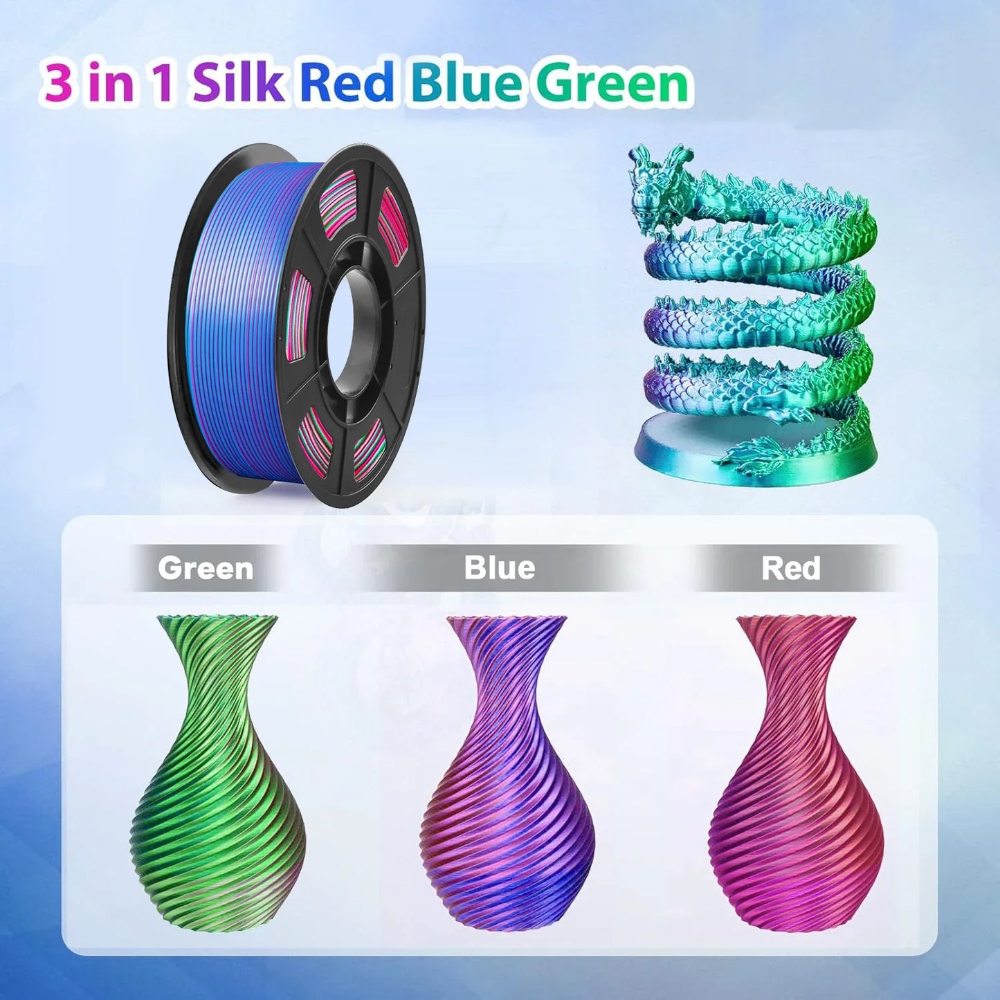 Tricolor Silk PLA 3D Printer Filament, 1.75mm Multicolor 3D Printing Filament, Red&Blue&Green Filament, 250g (0.55lbs)
