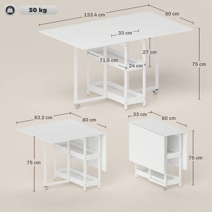 HOMCOM Industrial Folding Dining Table, Drop Leaf Table with Open Compartments for Small Spaces, Kitchen, Dining Room, White