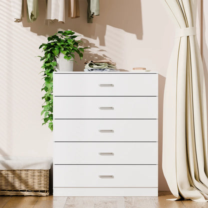 5 Drawer Chest White, Wood Storage Cabinet Dresser for Bedroom, Hallway, Closet Organizer, Modern Furniture (75x36x90cm)