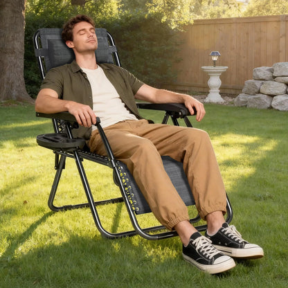 Zero Gravity Reclining Chair Set of 2 – Folding Outdoor & Garden Chairs with Textilene Fabric, Cup Holder and Headrest Pillow