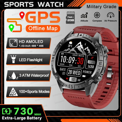 New TANK Military GPS Offline Map Smart Watch 730mAh 3 ATM Waterproof Sports Compass Heart Rate 2GB HD Bluetooth Call SmartWatch