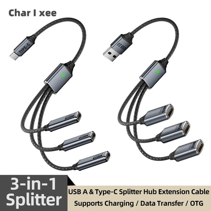 3 in 1 USB A & Type C Splitter HUB Expansion Cable Multi Port Expander OTG Adapter Fast Charging Data Sync for Phone Tablet