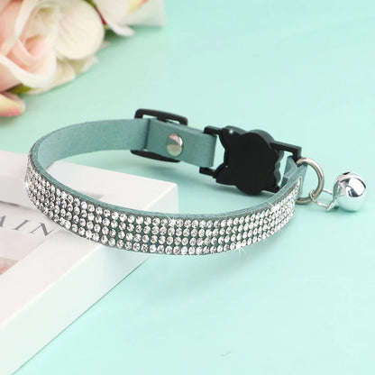 Soft Pink Suede Leather Cat Collar - Cute Bling Rhinestone Design, with Bell & Safety Breakaway Buckle, Adjustable XS/S Sizes