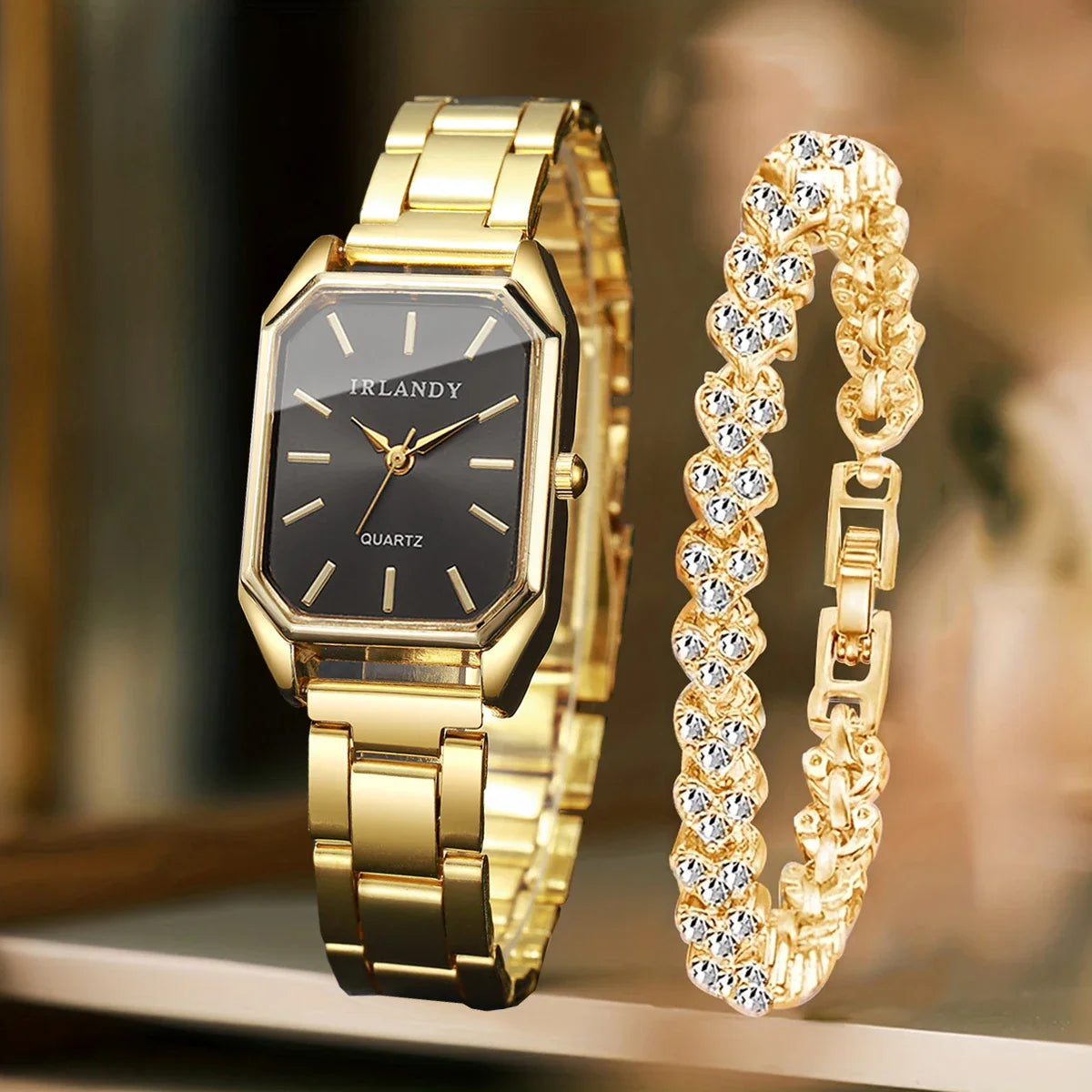 2PCS Fashion Rectangle Women Quartz Watch Rhinestone Bracelet Set Elegant Ladies Wristwatches Reloj Mujer Clock（Without Box）