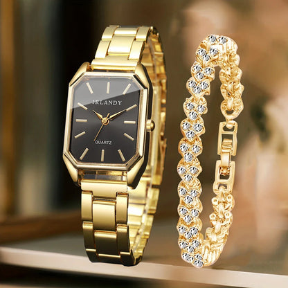 2PCS Fashion Rectangle Women Quartz Watch Rhinestone Bracelet Set Elegant Ladies Wristwatches Reloj Mujer Clock（Without Box）