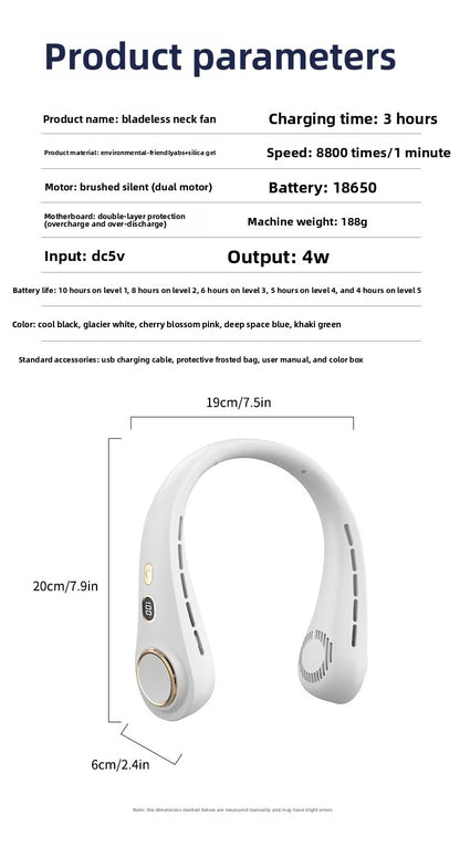 USB Hanging Neck Fan Portable Bladeless Mini Rechargeable Mute LED Digital Display Electric Air Cooler Handheld