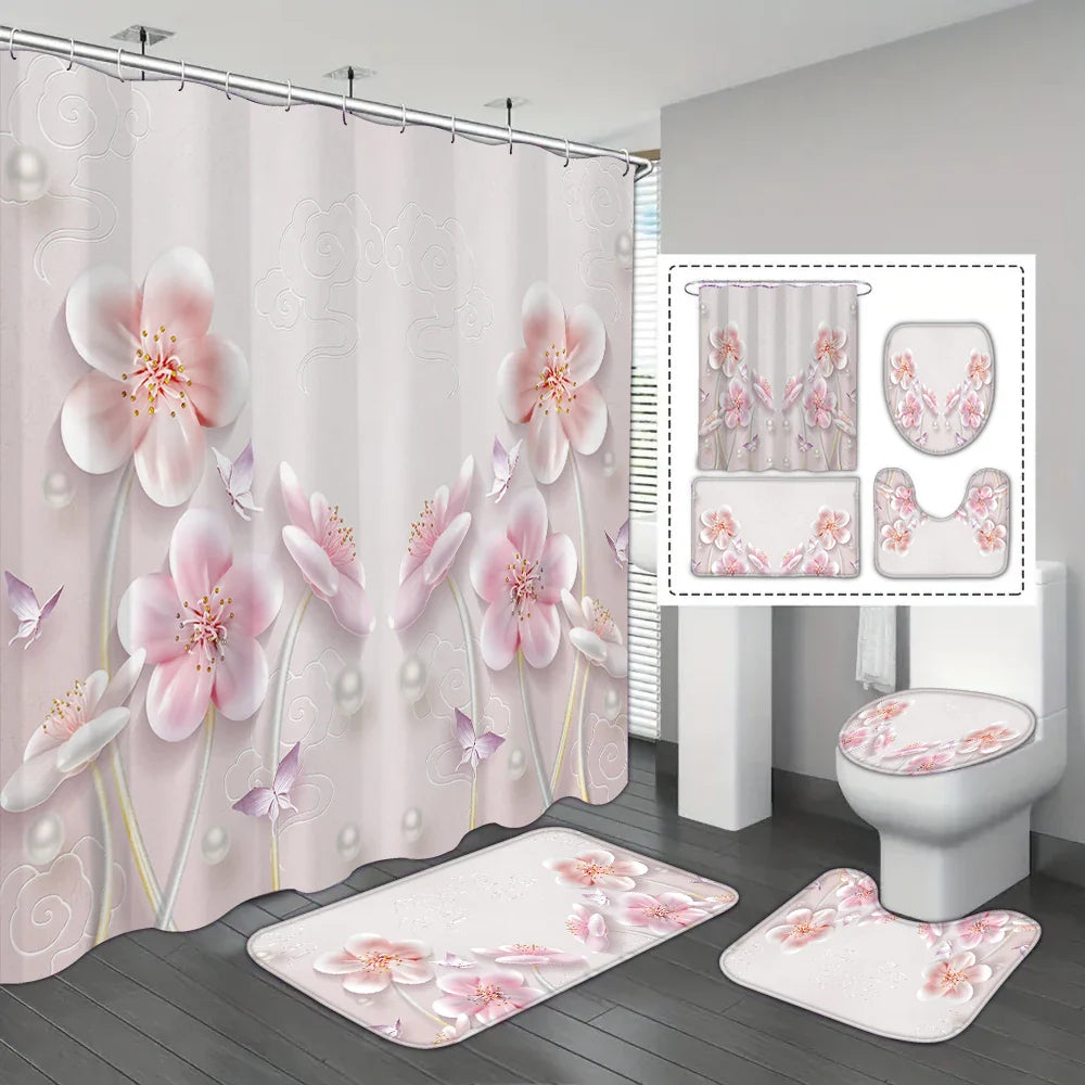4-piece set of blue white jade orchid waterproof printed shower curtains with 12 hooks, bathroom floor mats