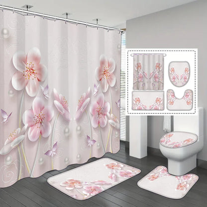 4-piece set of blue white jade orchid waterproof printed shower curtains with 12 hooks, bathroom floor mats