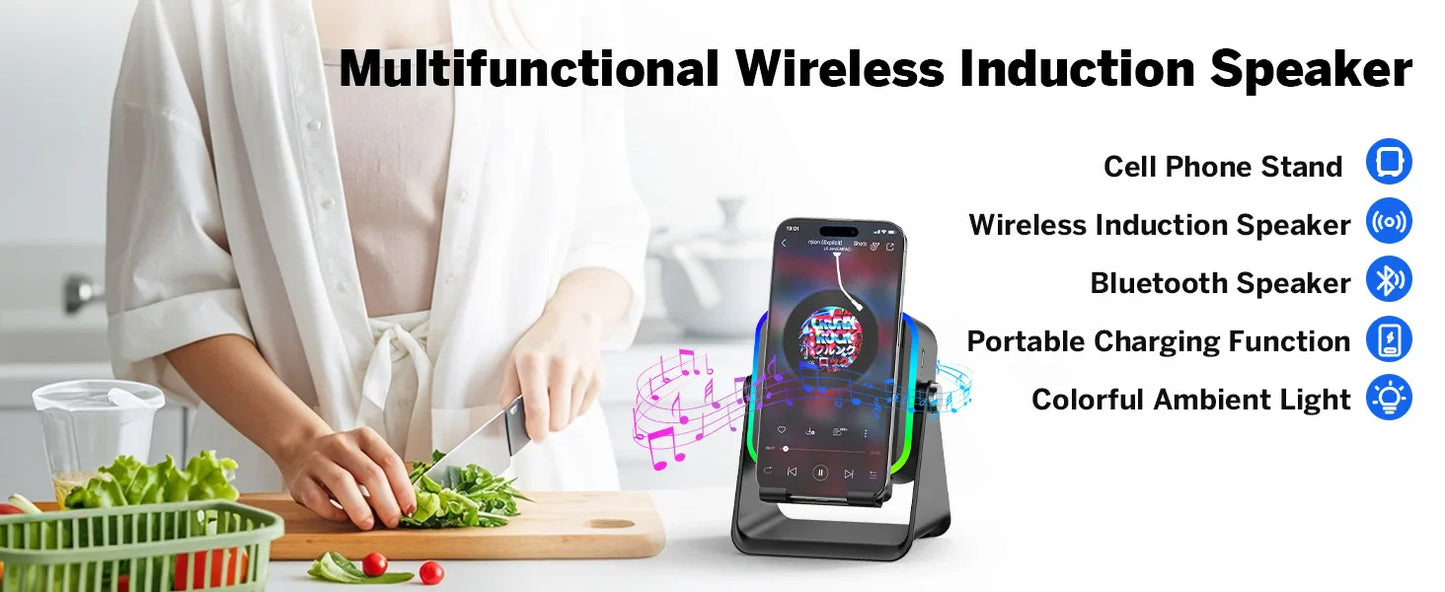 Magnetic Induction Speaker Phone Stand Wireless Bluetooth Phone Holder Amplifier Portable Desk Speaker RGB Light 5000mAh Battery