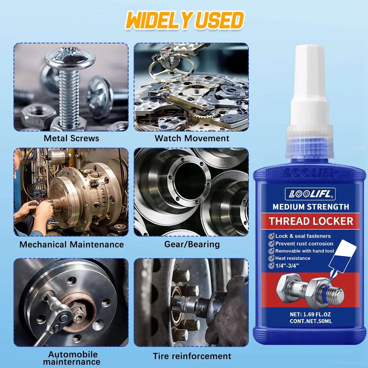 LOOLIFL Blue Thread Locker 243 Nuts-Bolts Locker, Screw Adhesive Lock Tight Seal Fasteners Anaerobic Curing Metal Glue,Rustproof