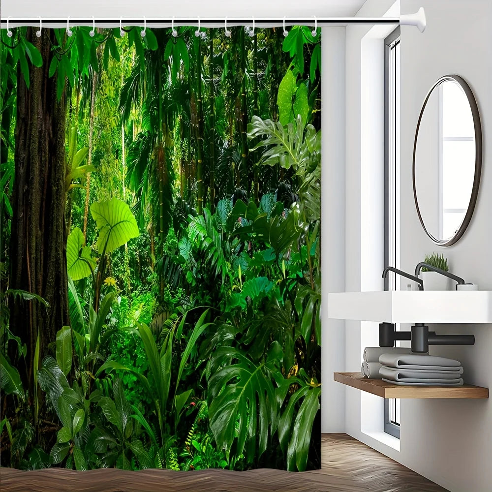 Lush Tropical Jungle Bath Curtain - Vibrant Greenery & Exotic Plants,Waterproof Home Decor Adds Nature's Beauty to Your Bathroom