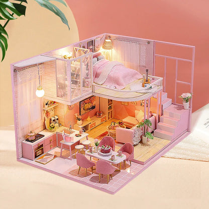 DIY Wooden Doll House Handmade Duplex Apartment Production 3D Puzzle Assembly Building Duplex Apartment Model Toy Children Gifts