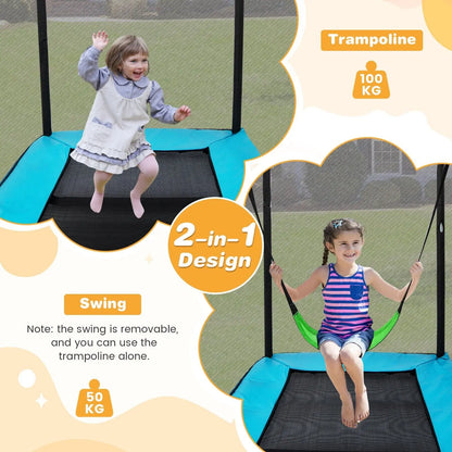 GOFLAME 2-in-1 Kids Trampoline 7FT Toddler Trampoline Swing Enclosure Safe Net-Blue