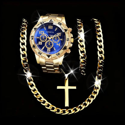 4PCS Fashion Arabic Dial Men Business Watches Bracelet Necklaces Set Luxury Mens Quartz Wristwatch Reloj Hombre（Without Box）