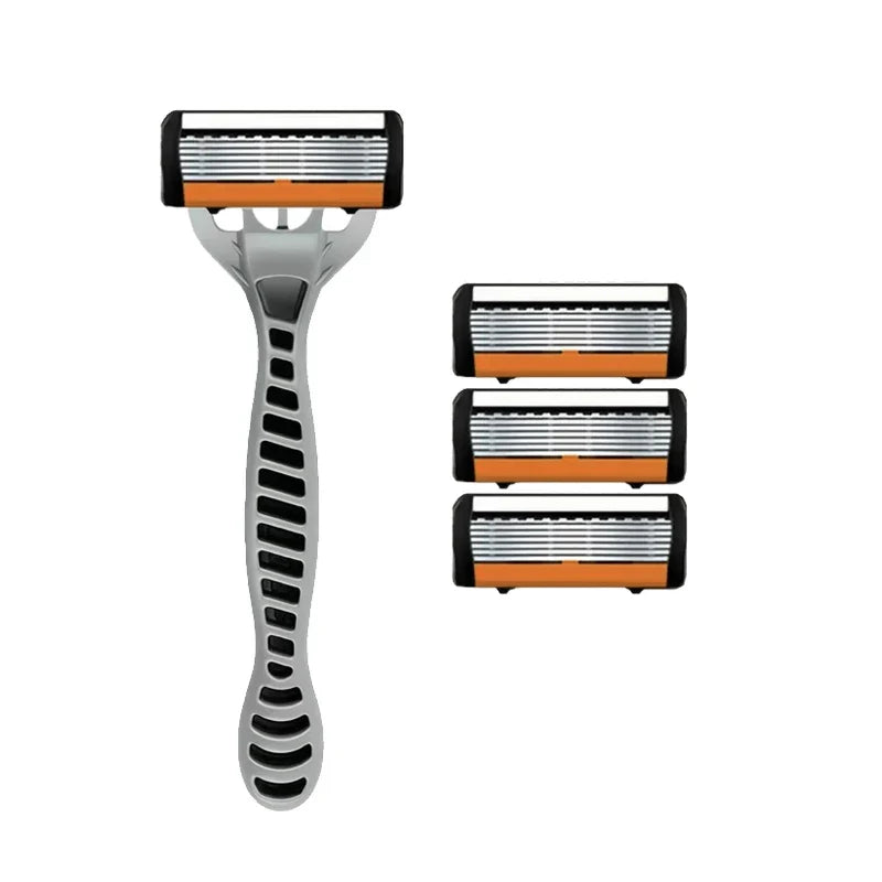 Men's manual razor safety razor 6-layer stainless steel hair removal knife, replaceable razor head, razor tools.