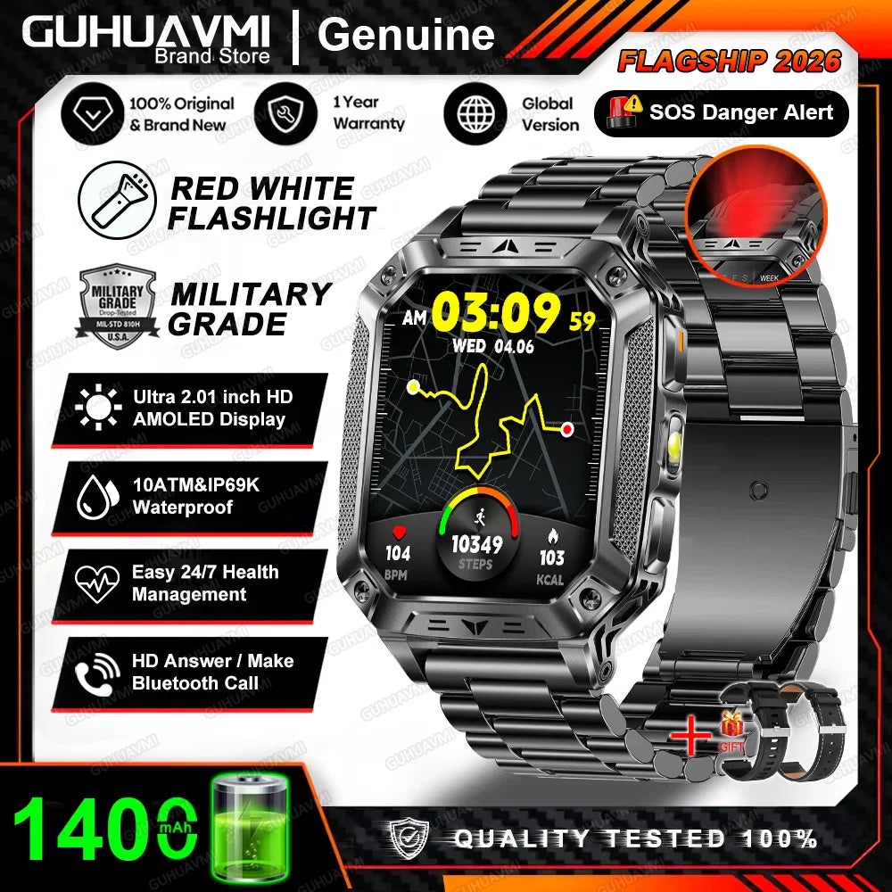 2026 New Built-in 1400mAh Super Large Battery Men Smart Watch Outdoor GPS 2.01"AMOLED Screen 10ATM Waterproof BT Call Smartwatch
