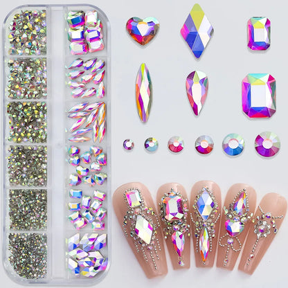 2400pcs+ Shiny Clear Crystal Gems Nail Rhinestones 1.5-4mm Mixed Round Glass Stone Flatback Nail Charms 12grids Nail Diamond DIY