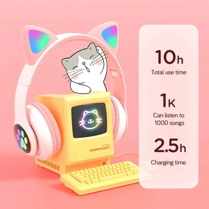 Bluetooth 5.0 Stereo With Mic Flash Lamp Cute Cat Ears Headphone Support TF Card Wireless Kids Girl Earphone Birthday Gift