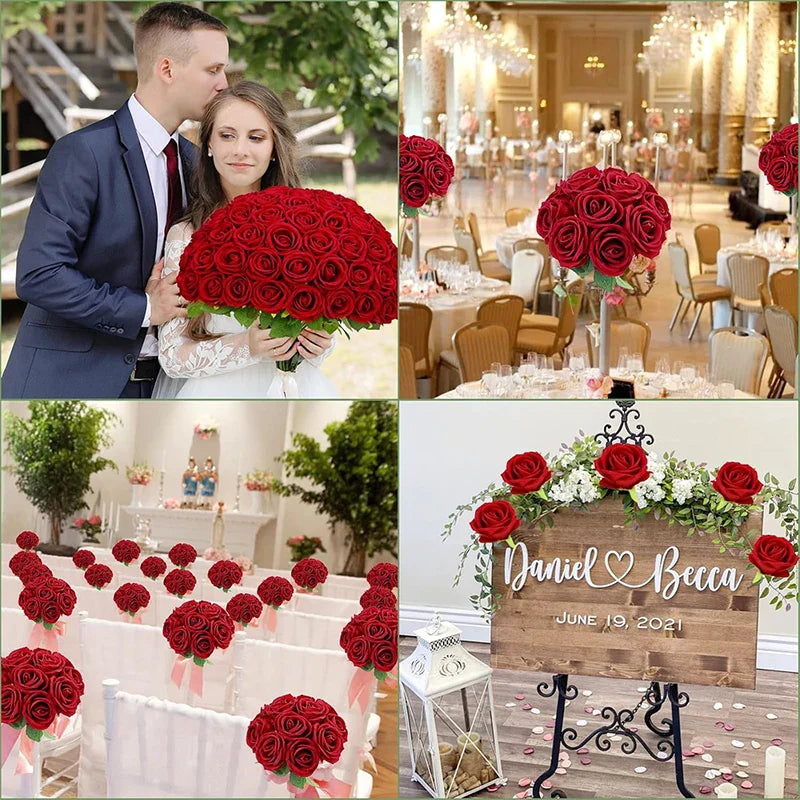 Red Roses Artificial Flowers Bulk Real Touch Velvet Roses Flowers for Wedding Centerpieces Bridal Bouquet Valentines Day Decor