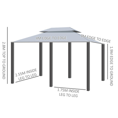Outsunny 4m x 3(m)Garden Gazebo, Double Roof Outdoor Gazebo Canopy Shelter with Curtains, Solid Steel Frame