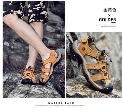 Summer Sandals Leather Outdoor Men Beach Shoes Luxury Breathable Casual Sandal Man Wading Shoes Non-slip Wide lining Slippers