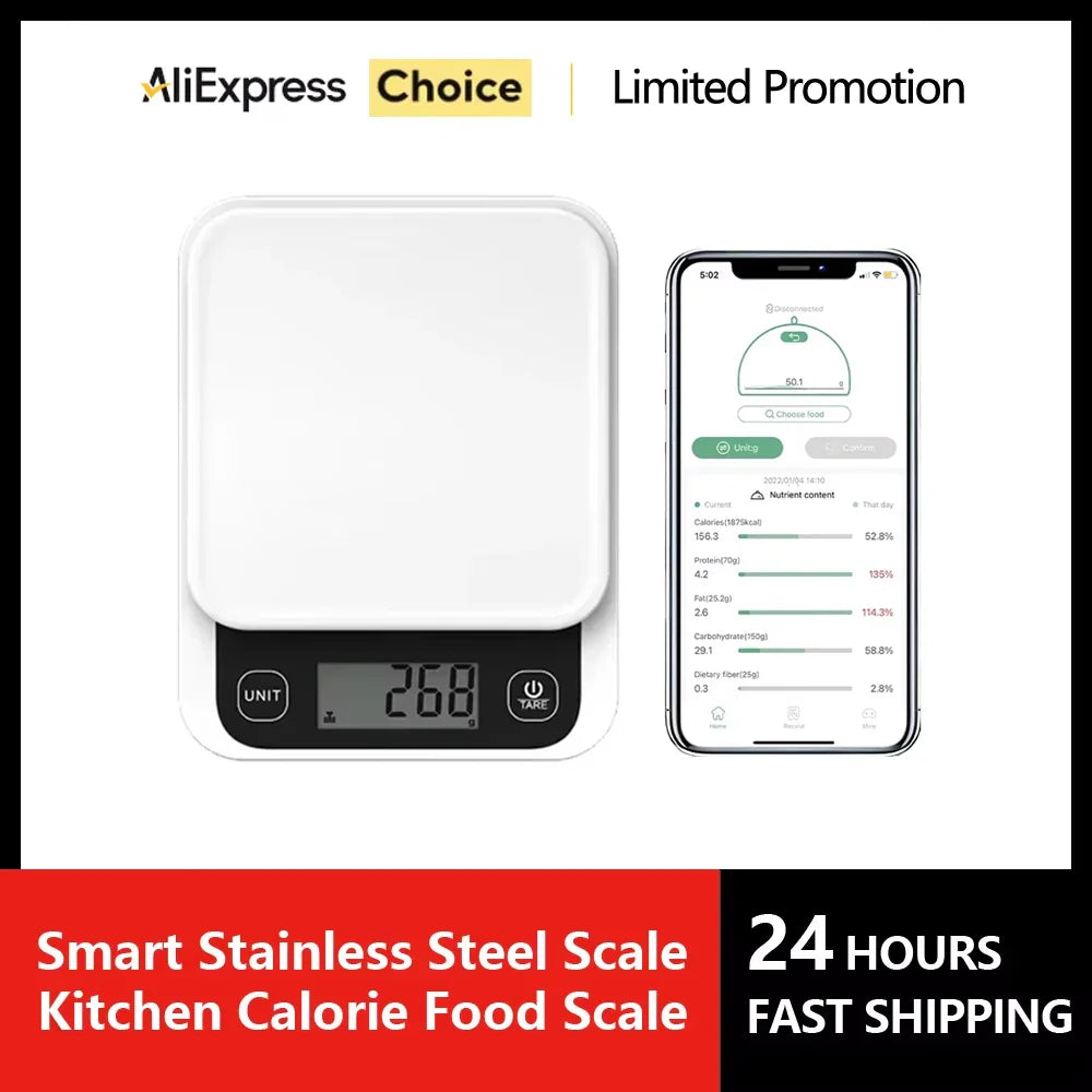 Smart Kitchen Scale Stainless Steel Food Calorie Protein Fat Carbs Nutritional Calculator 11LB/5kg Weight for Healthy Cooking