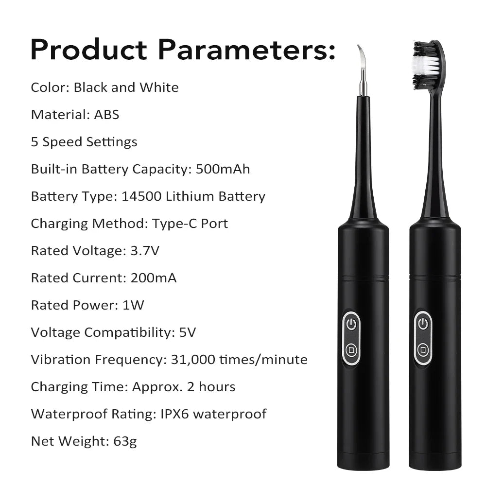 Electric Teeth Cleaner 6-gear Modes Portable Toothbrush Tartar Remover High Frequency Vibration Tartar Cleaning Whitening Teeth