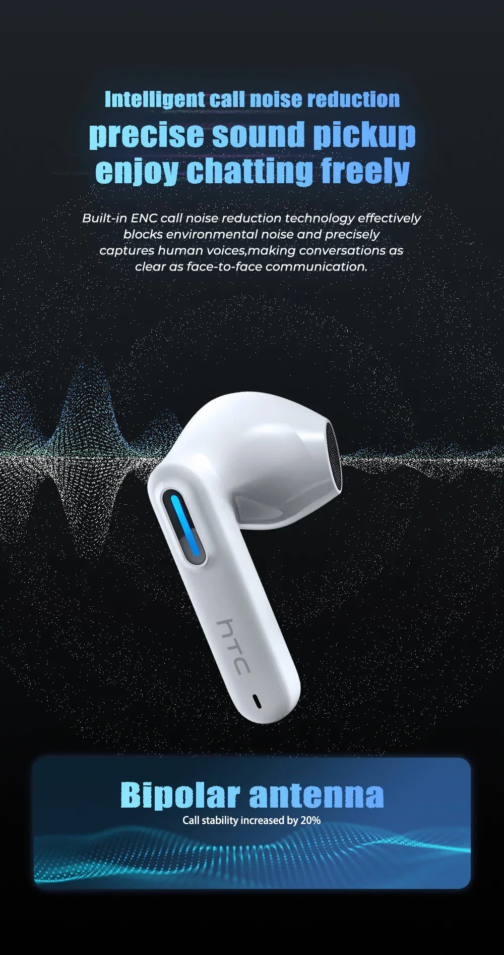 HTC NE49 Earphones Bluetooth V6.0 Noise Reduction TWS Sports Wireless Headphones with Mic Long life