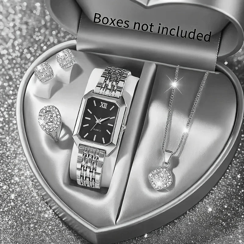 5PCS Womens Elegant Rectangle Rhinestone Quartz Watch Jewelry Set Fashion Women Watches Reloj Mujer Girl Clock Gift（Without Box）