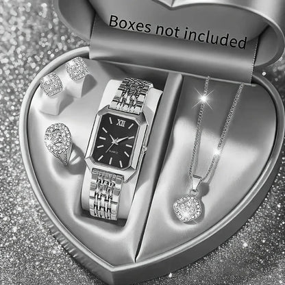 5PCS Womens Elegant Rectangle Rhinestone Quartz Watch Jewelry Set Fashion Women Watches Reloj Mujer Girl Clock Gift（Without Box）