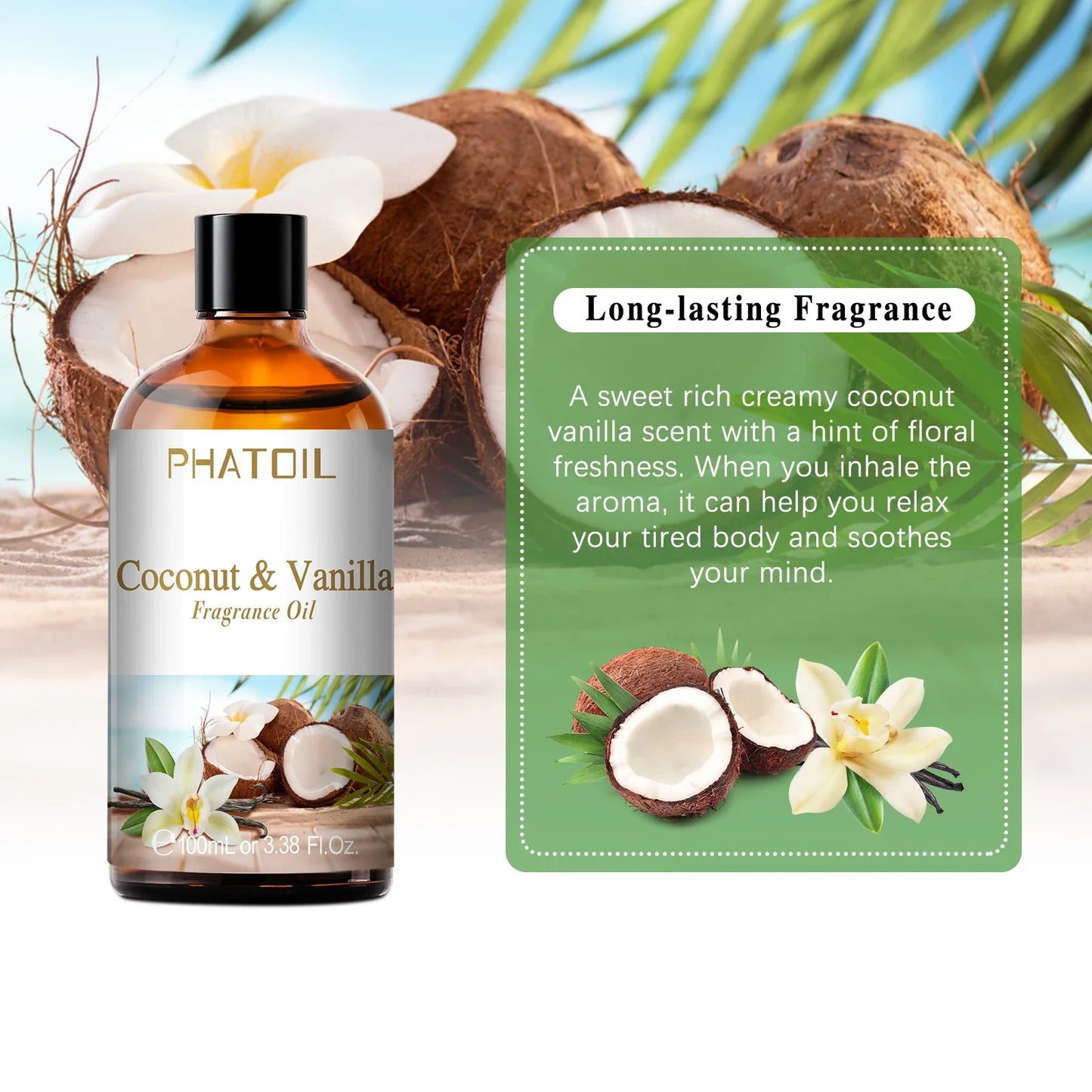 PHATOIL 100ml Aromatherapy Fragrance Oil Coconut & Vanilla Strawberry Cherry Lemon 1/2/3pcs Aroma Oil For Diffuser Candle Making