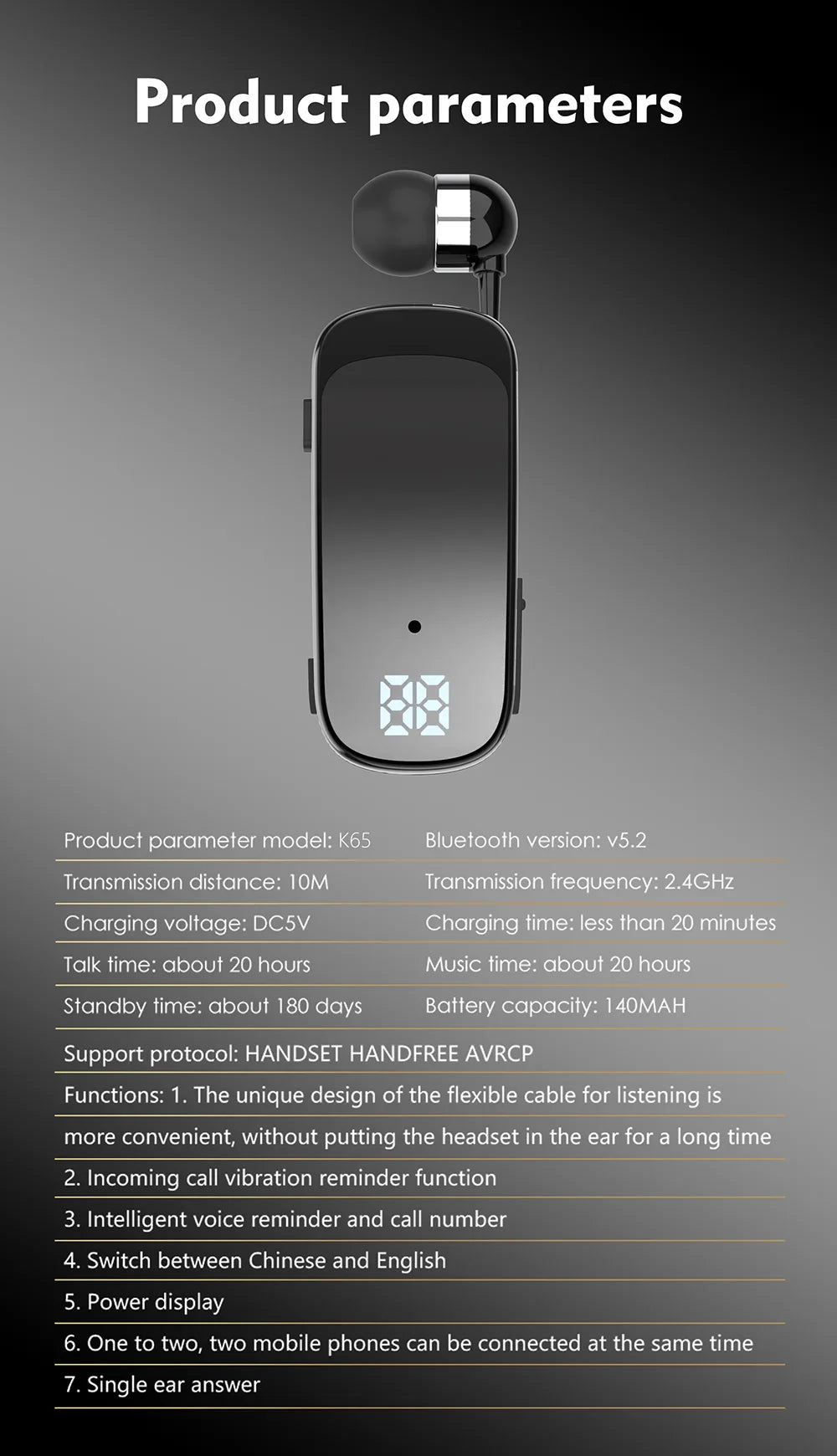 K65 20 Hours Work Time Mini Wireless Bluetooth Headset handsfree Call Remind Vibration Sport Clip Driver Earphone F920 K55 F580